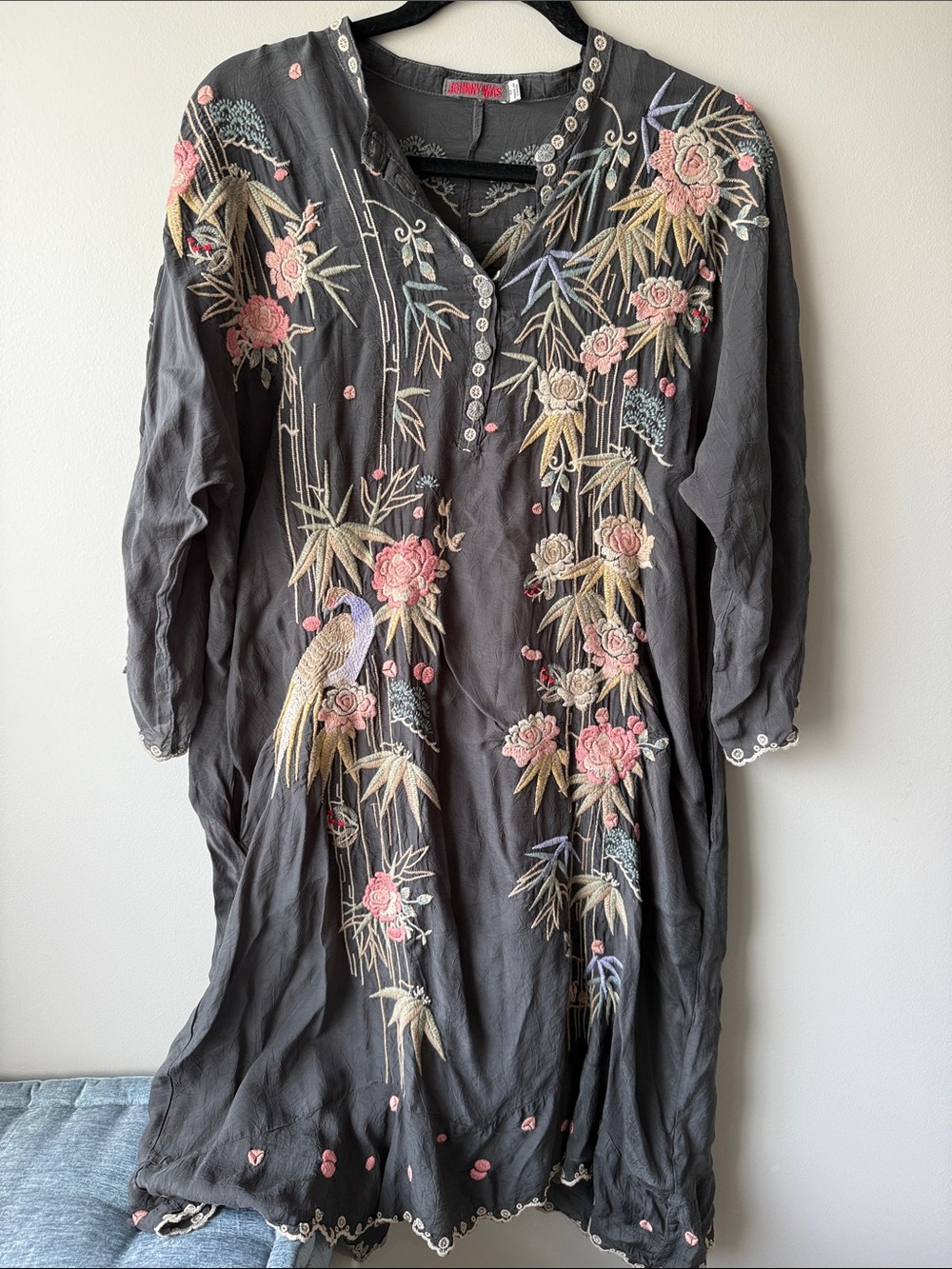 Johnny Was Gray Embroidered Midi Dress floral and bird accents lined pockets M - Picture 1 of 9
